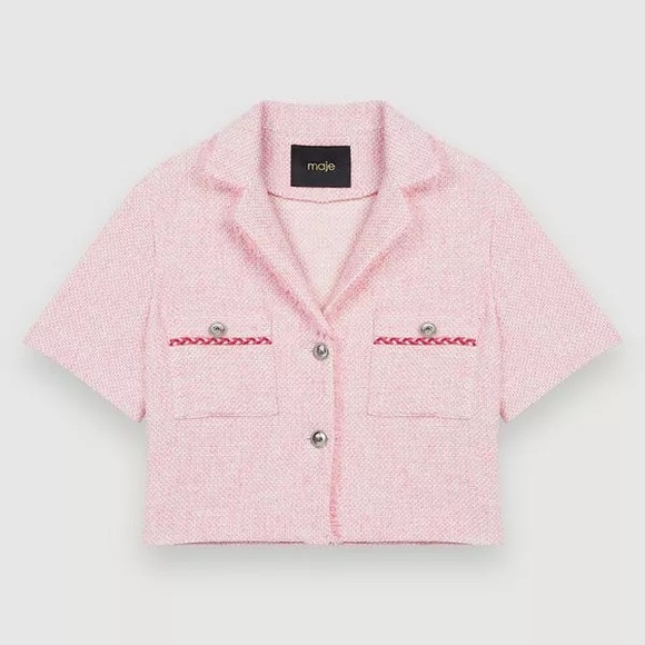 NWT Maje Virosa Cropped Fine Tweed Jacket In Pink - Picture 5 of 8